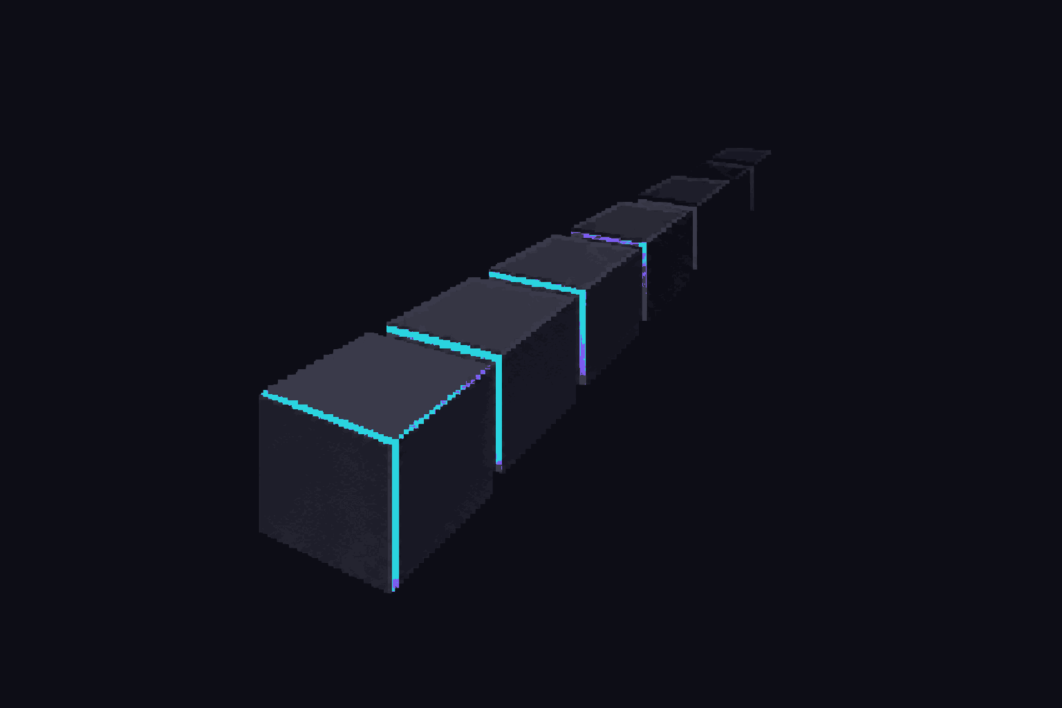 A row of linked blocks receding into the dark — the chain that carries the contracts.