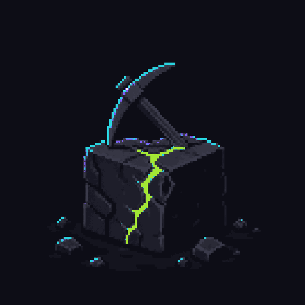 A mining pick struck into dark stone, a glowing crack running through it.