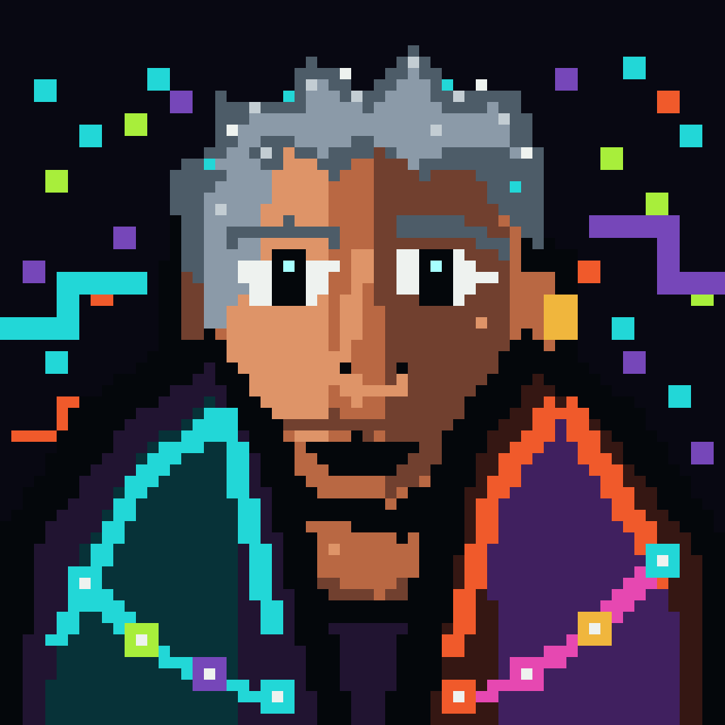 Silver-haired Proof Hunter in a cyan and orange pixel-art jacket